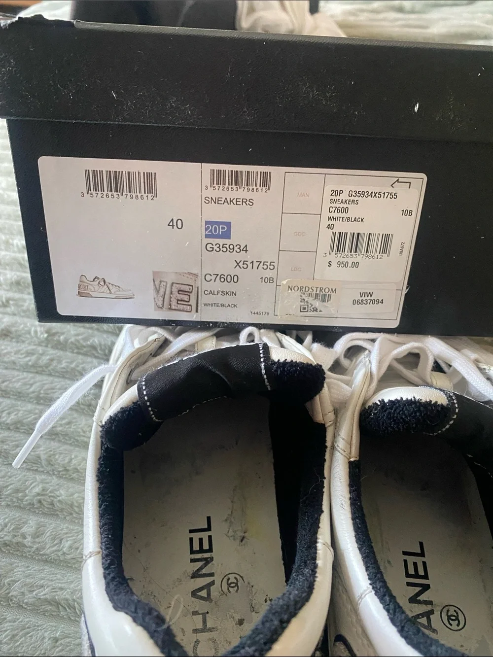 CHANEL White Leather Womens Low-Top Sneakers with Black Accents